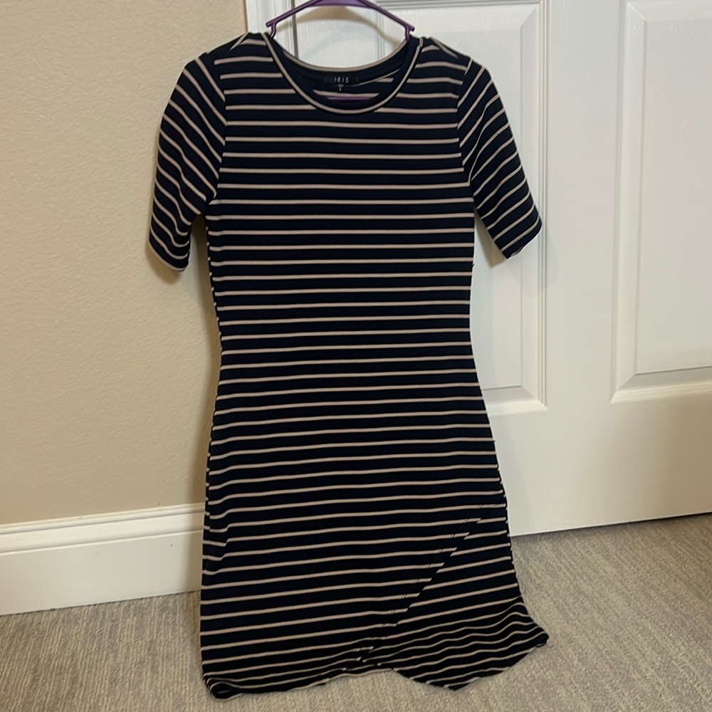 Worn once navy striped tan dress